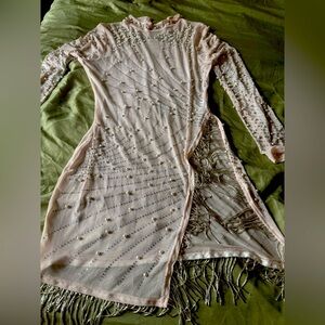 long sleeve sheer jelly mesh rhinestone fitted high collar mini dress small NEW